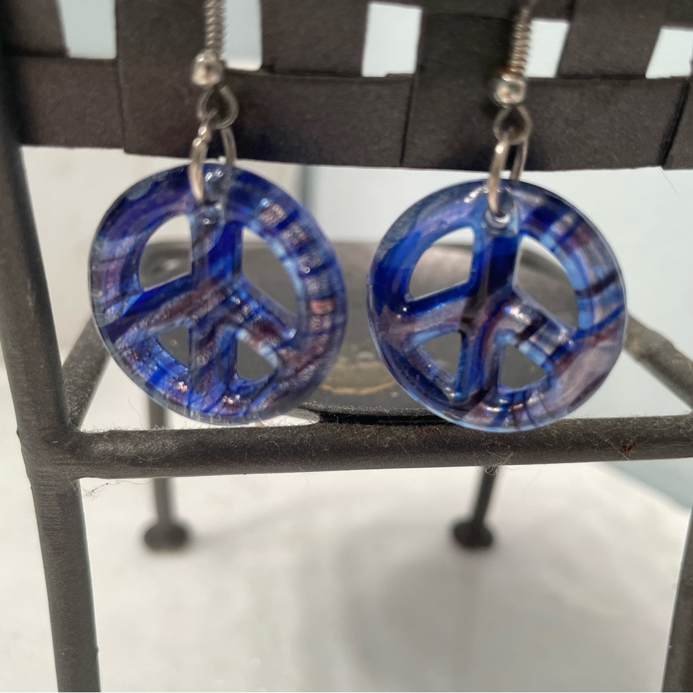 Blue Glass Peace Sign Earrings